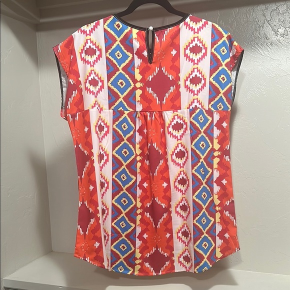 Black and Orange Graphic Cap Sleeve Blouse with Bib Collar - Picture 4 of 4